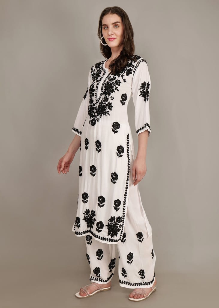 Pure Modal White & Black Hand Embroidered Lucknow Chikankari Kurta Plazzo set