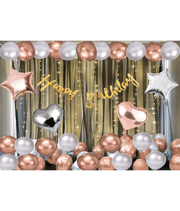 Jolly Party   rosegold silver Happy Birthday Decoration Combo Kit with Banner, Balloons, stars 35pcs for Birthday Decoration