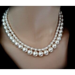 Techiefox Luxurious Double-Strand Faux Pearl Necklace for Women  Elegant Layered Pearl Choker with Crystal Accents