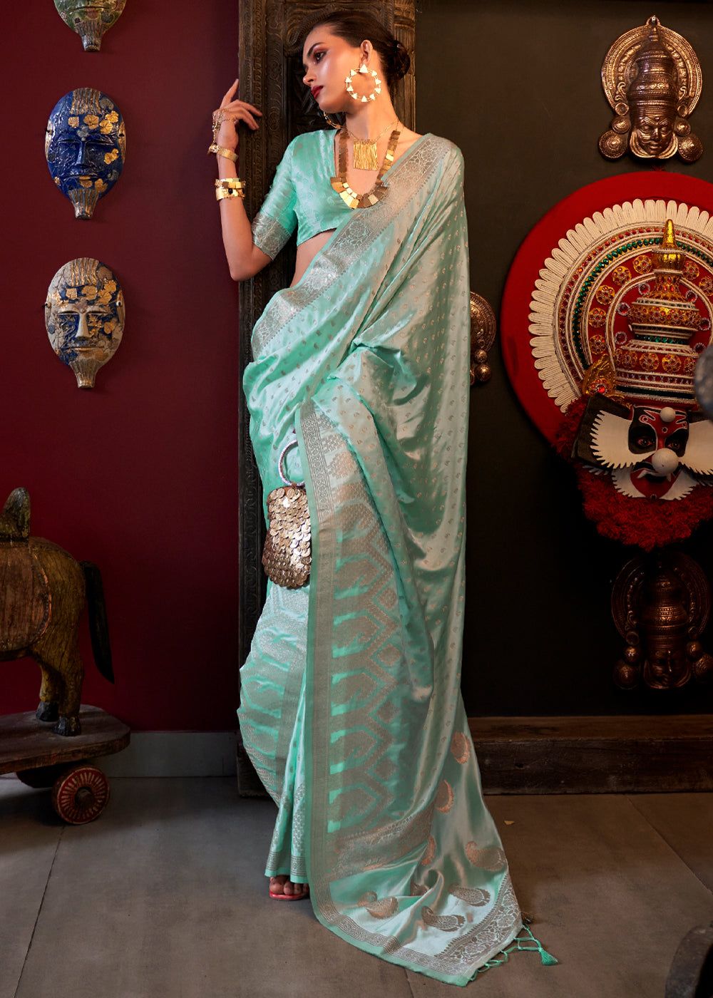 Floral Green Banarasi Woven Satin Silk Saree With Brocade Blouse