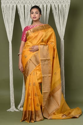 VMI Exclusive! Banrasi High Quality Pure Tussar Silk Saree With Broad Border ~ Yellow