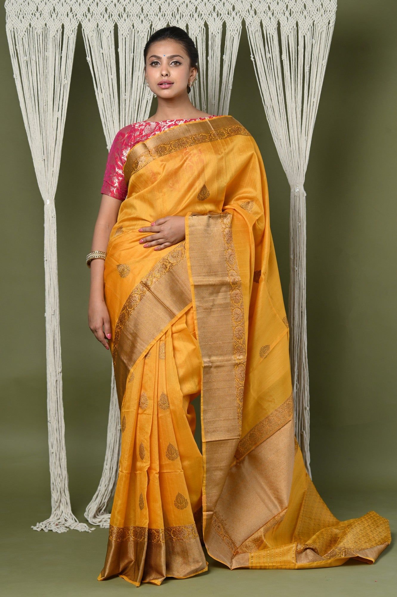 VMI Exclusive! Banrasi High Quality Pure Tussar Silk Saree With Broad Border ~ Yellow