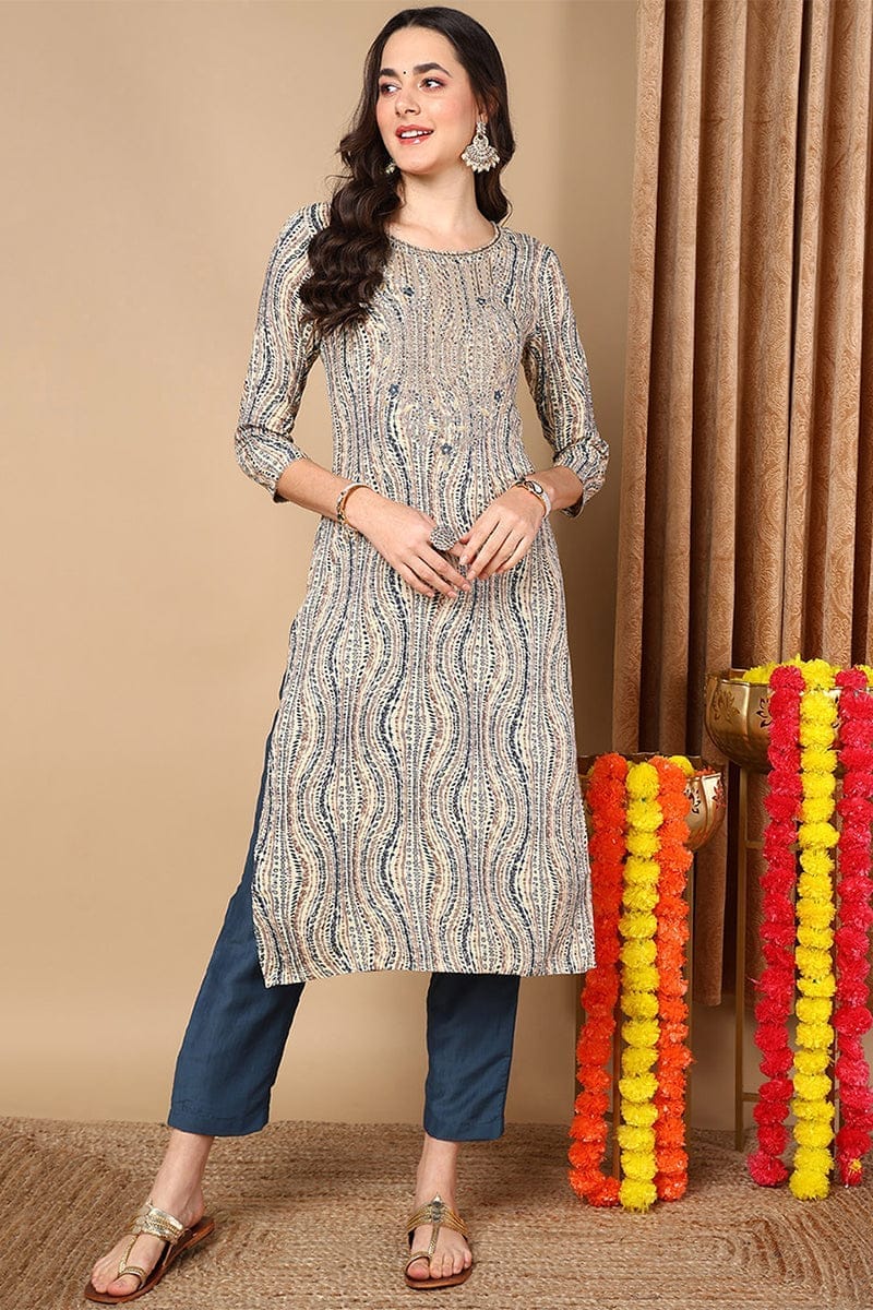 Plus Size Beige Viscose Rayon Abstract Printed Straight Kurta VCK9634