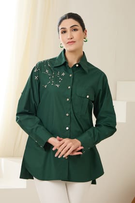 VINE SEQUINED POPLIN SHIRT-Bottle Green / Poplin / XXS