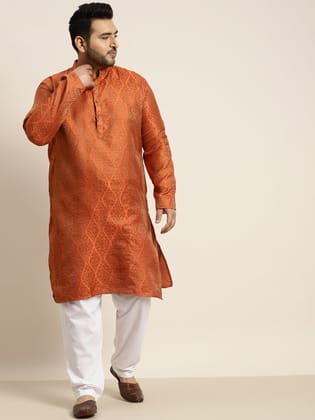 Men's Jacquard Silk Orange & Gold Kurta-44