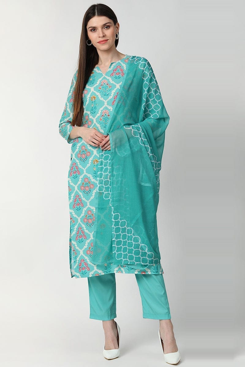 Turquoise Blue Poly Crepe Ethnic Motifs Straight Suit Set PKSKD1002