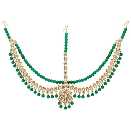 Green Color Imitation Pearl & Kundan Work Matha Patti (MTP38GRN)-Length: 3.00 CM x Width: 3.00 CM / Green / Alloy With Good Quality Gold Plated