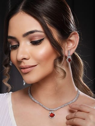 Silver Toned Red CZ Studded Minimal Designer jewellery Set