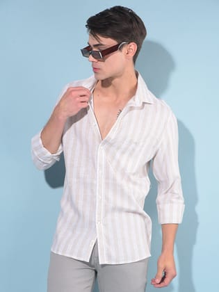 Beige Vertical Striped Linen Shirt-M / Beige