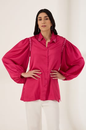 RAANI SEQUINED FORMAL CREPE SHIRT-Fuchsia / Poly Crepe Satin / XXS