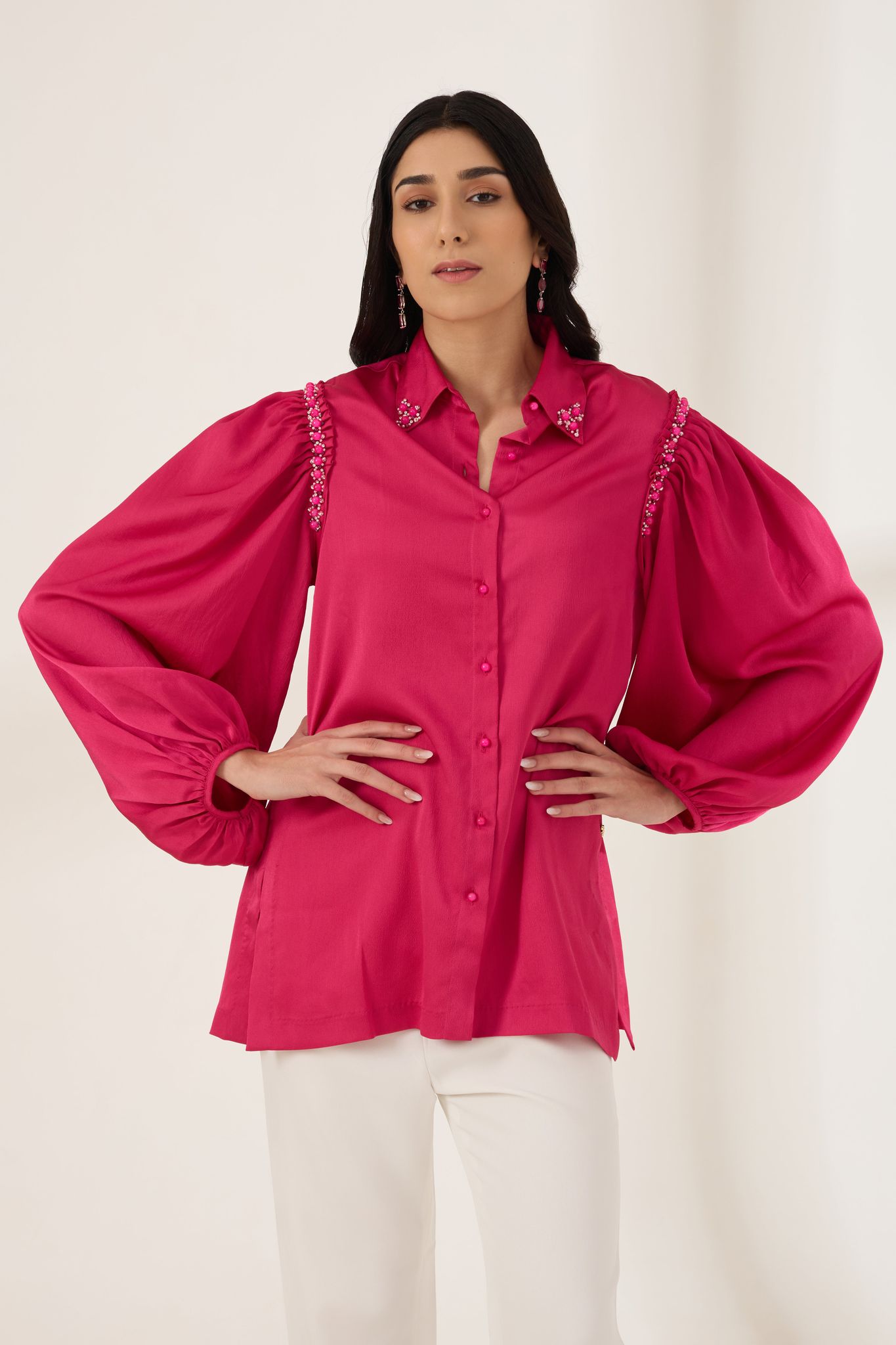 RAANI SEQUINED FORMAL CREPE SHIRT-Fuchsia / Poly Crepe Satin / XXS