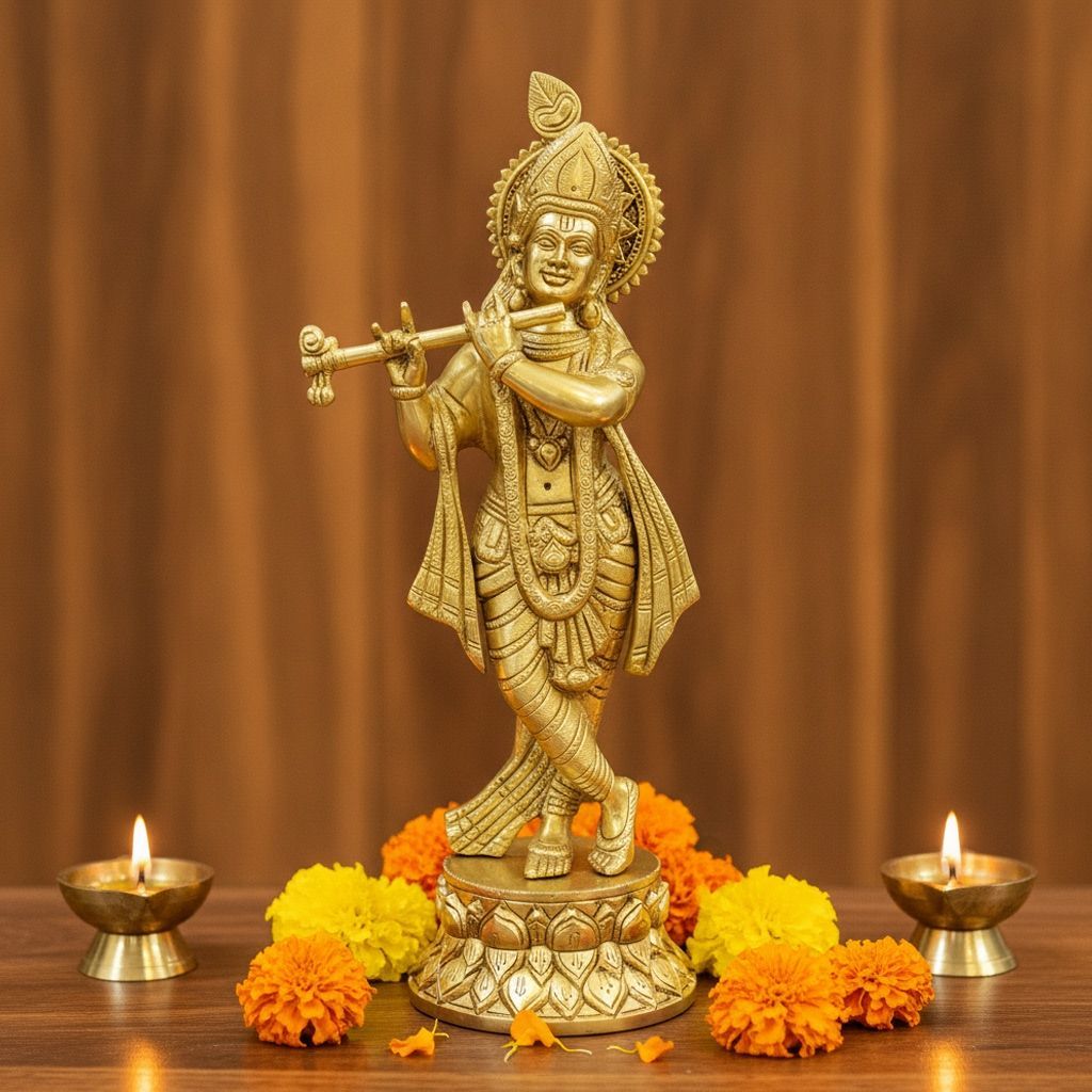 Brass Krishna Ji Idol Statue | Lord Krishna Murti | Hindu God Idol for Home Temple & Gifting, Height : 12 Inch (BSMAS1949 K)