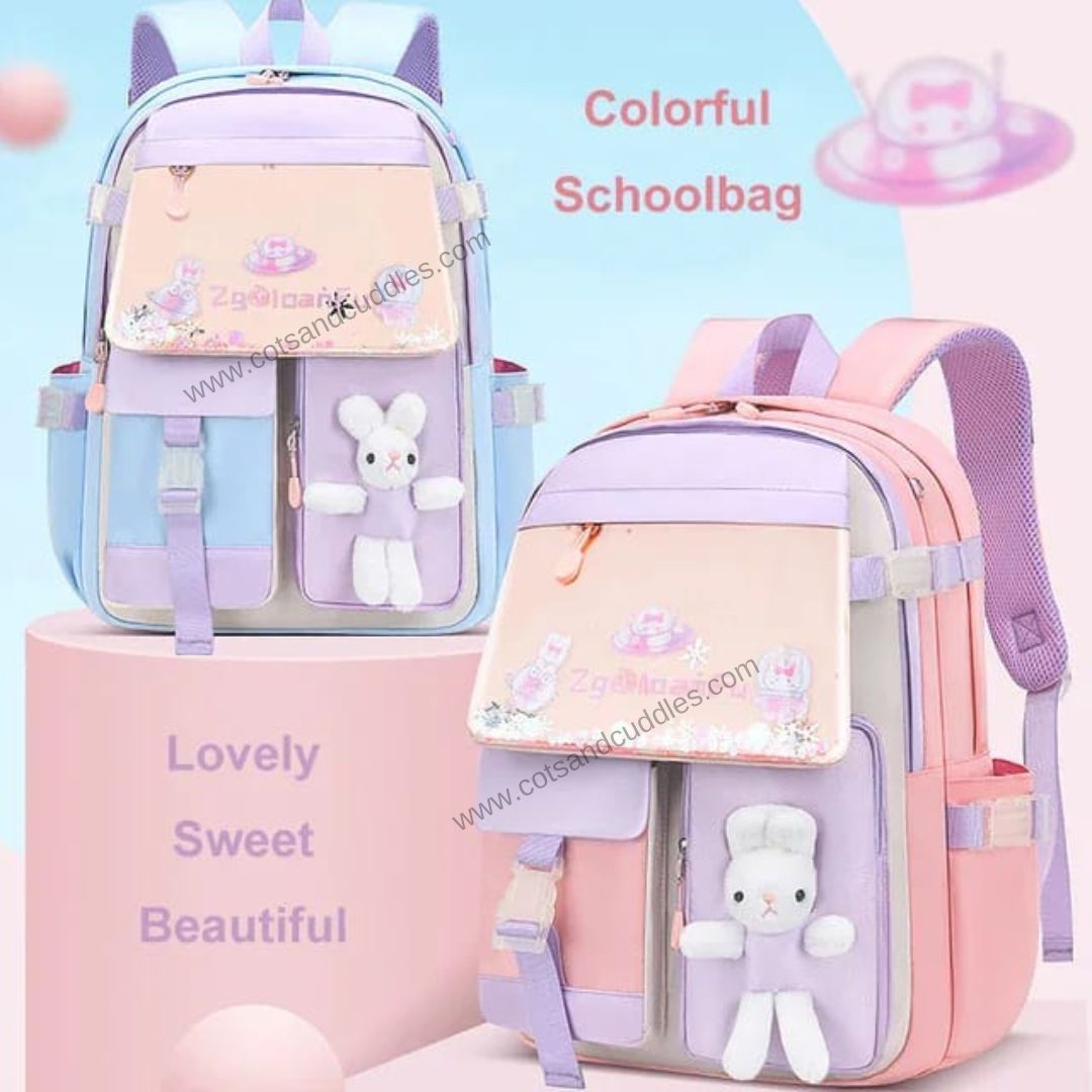 Cute Bunny Soft Toy Backpack for Small Primary School Kids with Multiple Zip Pockets and Anti-Theft Pocket-Pink