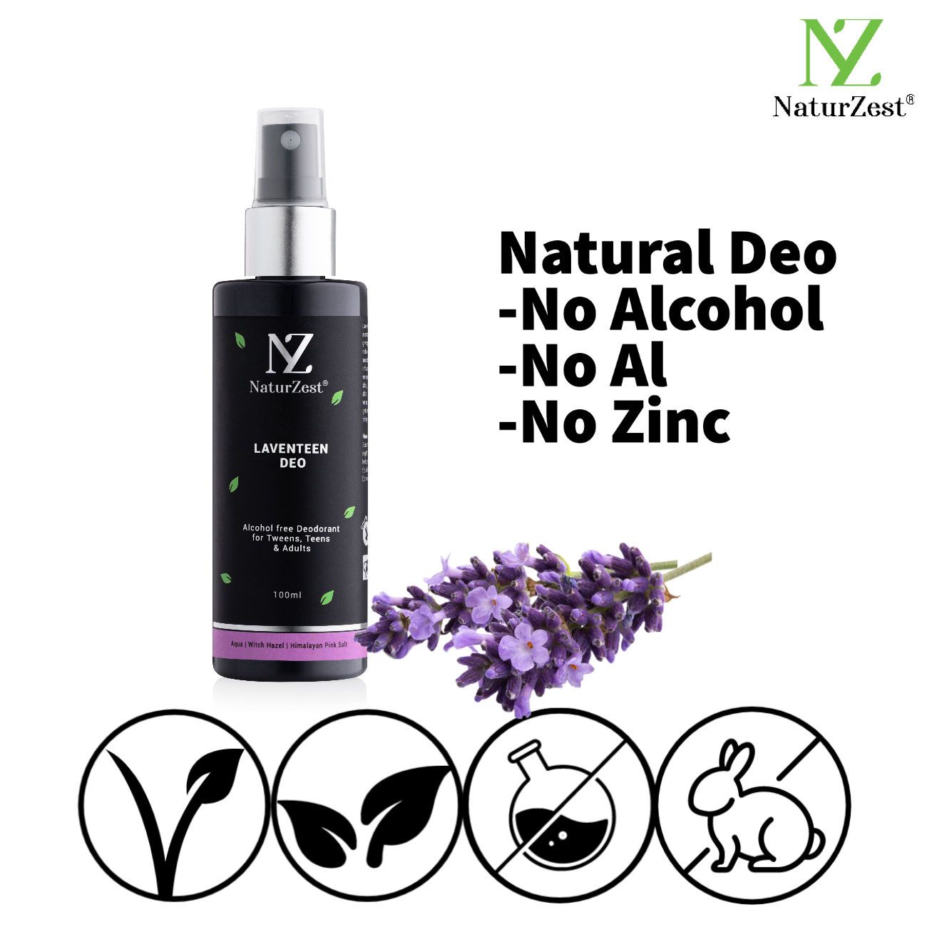 NaturZest Laventeen Natural Deodorant Body Spray, 100 ml