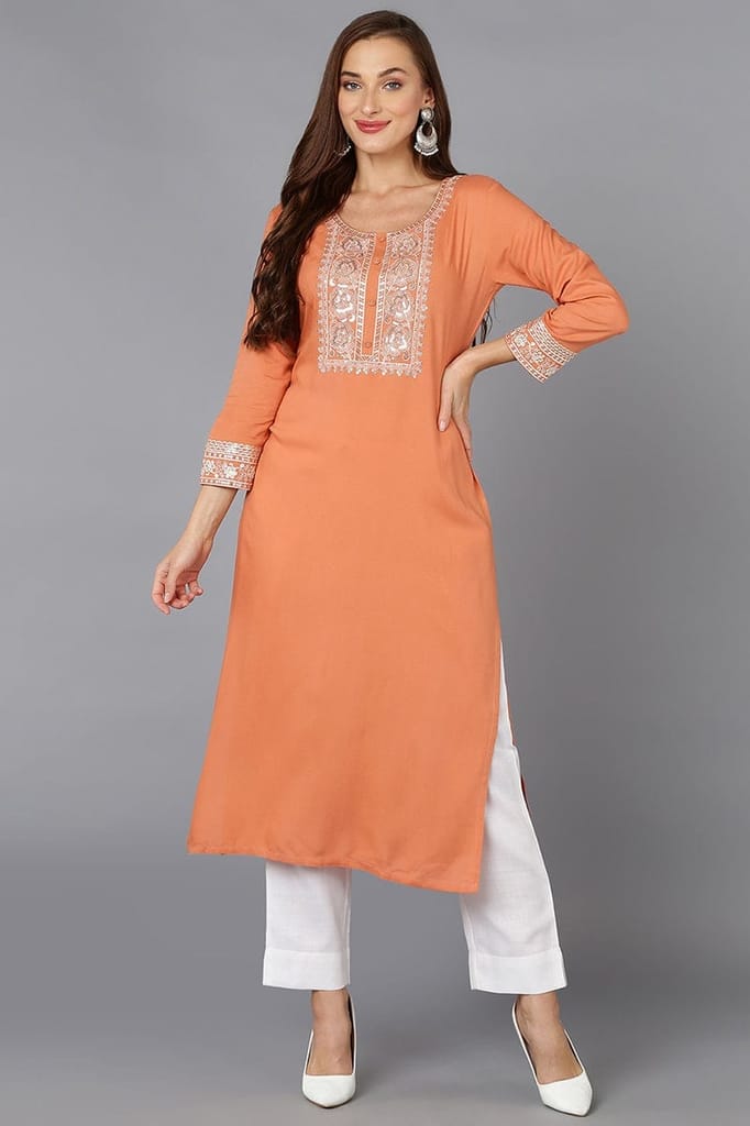 Coral Peach Viscose Rayon Embroidered Straight Kurta VCK9220 - Kurtas & Kurta Sets | Buy online on ZillyBuy