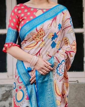 Beige and Red Tussar Silk Saree with Divine Motifs and Floral Zari Border-Regular