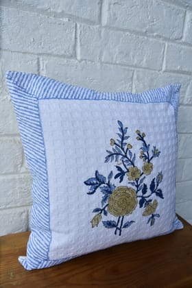 Royal blue with marigold waffle cotton cushion cover