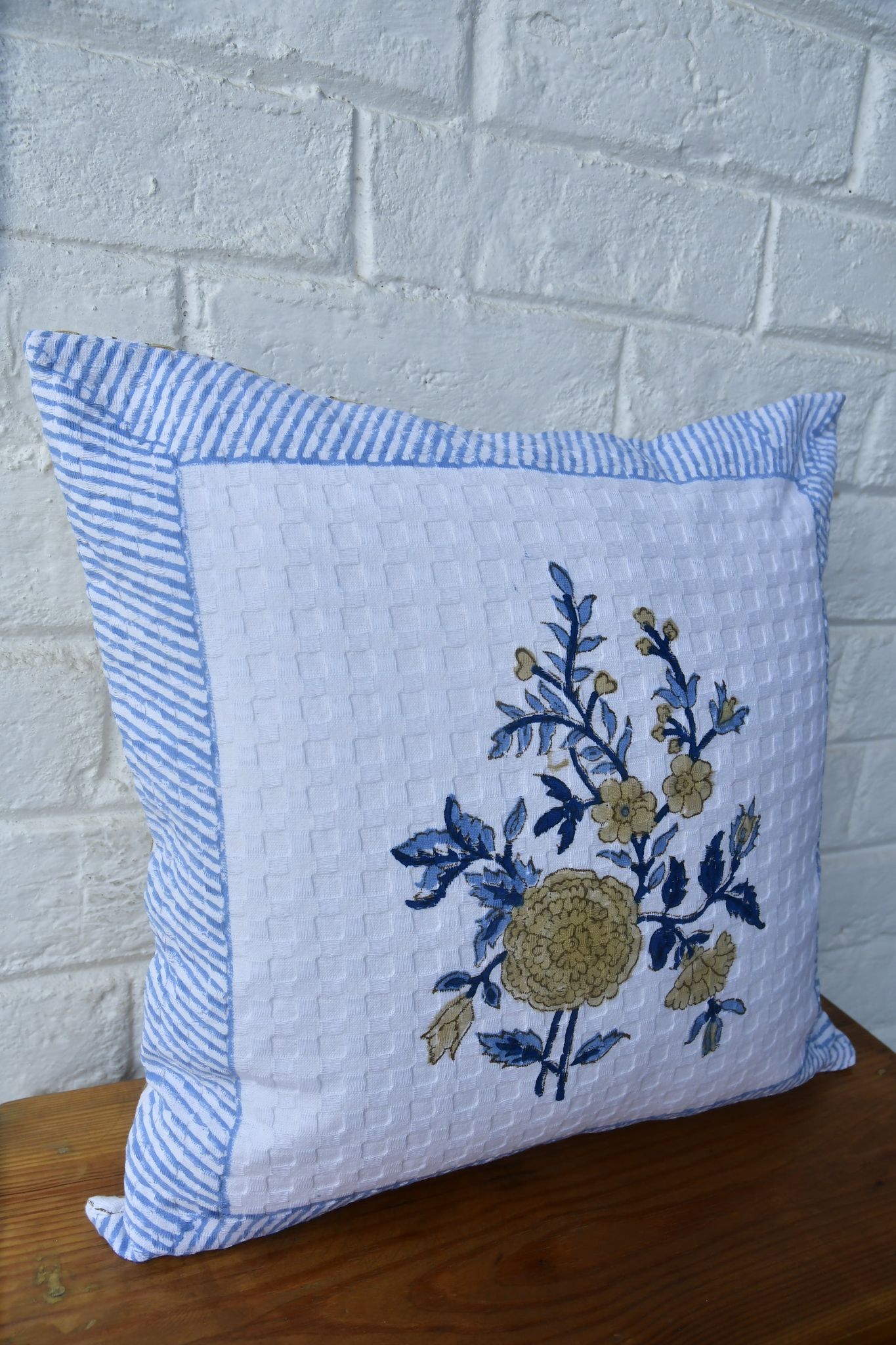 Royal blue with marigold waffle cotton cushion cover