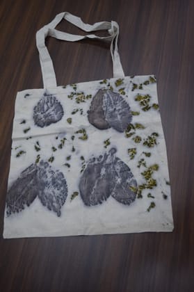 TULIP Traditional Artisians' Upliftment Livelihood Program Canvas Tote Bag with Leaf Print, Grey Handles, Reusable Shopping Bag TULIP Traditional Artisians' Upliftment Livelihood Program Canvas Tote Bag with Leaf Print, Grey Handles, Reusable Shopping Bag