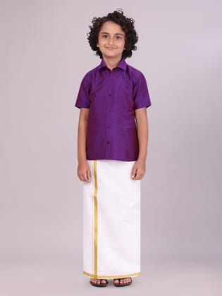 Boys Art Silk Purple Half Sleeves Shirt with Gold Jari Flexi Dhoti Towel Combo Calm Boy-Kids 01 - 02 Yrs / H/S / Purple