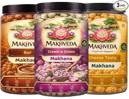 MAKHVEDA -  Superfood Balance Bite Crunch Combo Makhana Roasted Fox Nuts Popped Lotus Seeds Healthy Snack Low Calorie High Protein Gluten Free Crunchy and Delicious Flavours Gud Cream and Onion Cheese