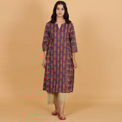 Blue printed Cotton Side Panelled A-line kurta-XS