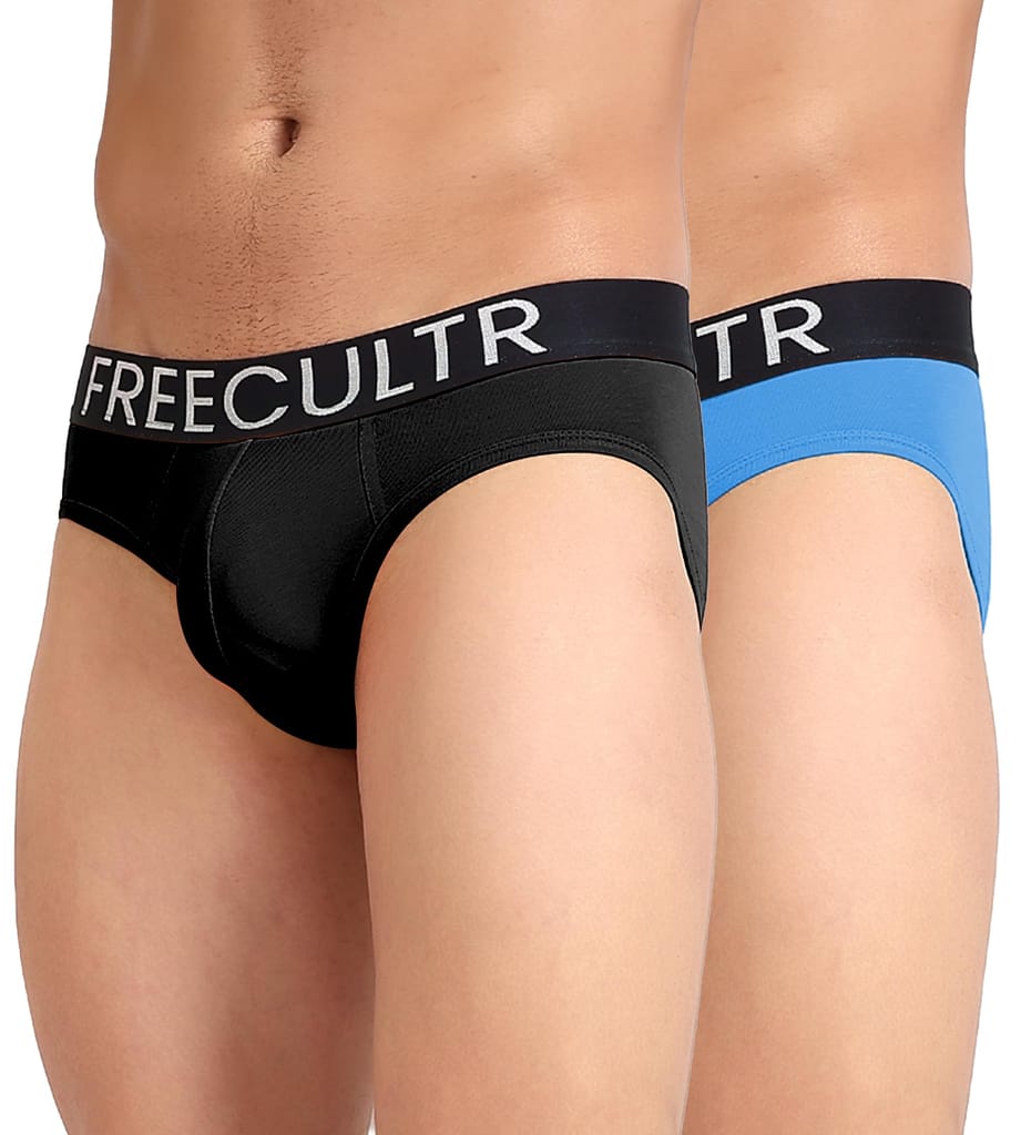FREECULTR Men's Underwear Organic Cotton (Ultrasoft Waistband) Premium Snug-Fit Brief Pack of 2-Black,Brilliant Blue