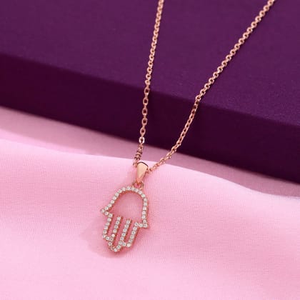 Zircon Single Hamsa Hand Casual Rose Gold Necklace-White Stone / Rose Gold