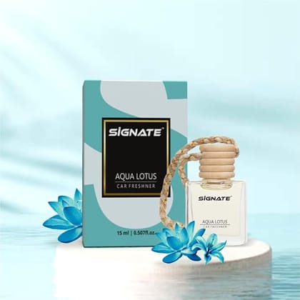 Signate Car Perfume with Natural Fragrance Essential Oils | Car Air Fresheners Long Lasting Upto 90 Days | Hanging Pod in Glass Bottle with Wooden Diffuser Lid  15ml (Aqua Lotus Air)