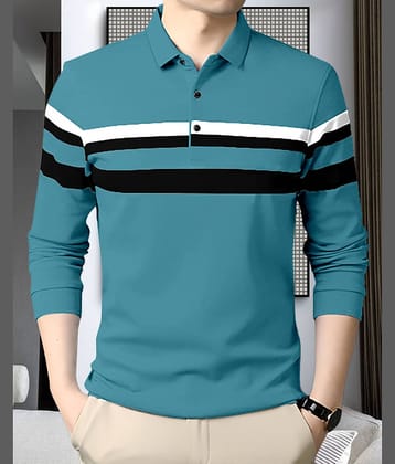 AOOSH Pack of 1 Cotton Blend Regular Fit Striped Full Sleeves Men's Polo T Shirt ( Black )