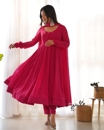 High-End Laheriya Print Anarkali Set with Dupatta & Pants – Perfect for Summer Weddings-xs