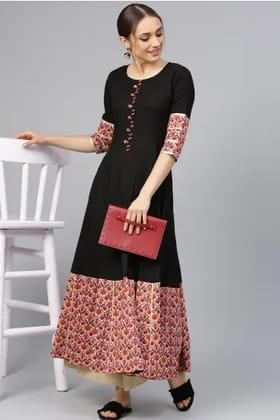 Women's Black Anarkali Kurta With Pink Jaal Print Border