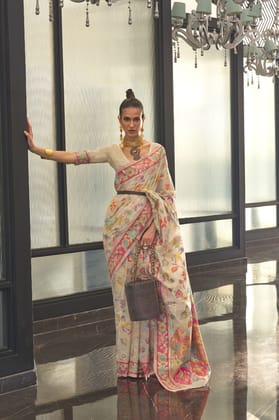 Beige Silk Kashmiri Modal Handloom Weaving Saree