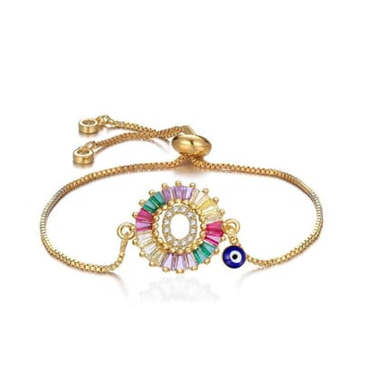Rainbow Evil Eye Gold Initial Alphabet Letter Cz Slider Bracelet-O
