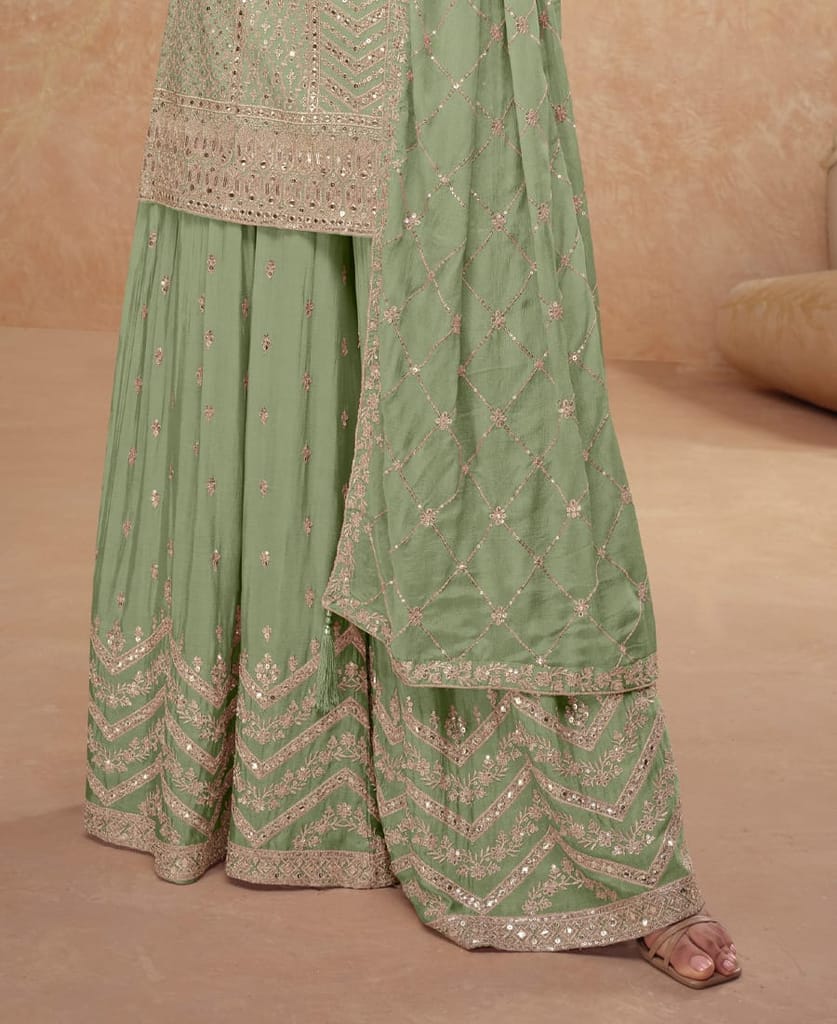Designer Chinon Palazzo Set for Women – Ethnic Wear (Mint Green)
