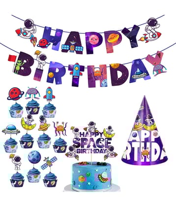 Zyozi Space Kids Space Birthday Party Decoration - Blue Astronaut Spaceship Theme Happy Birthday Banner Hanging Solar System Spiral Planet Card Children's Gifts (Pack of 13)