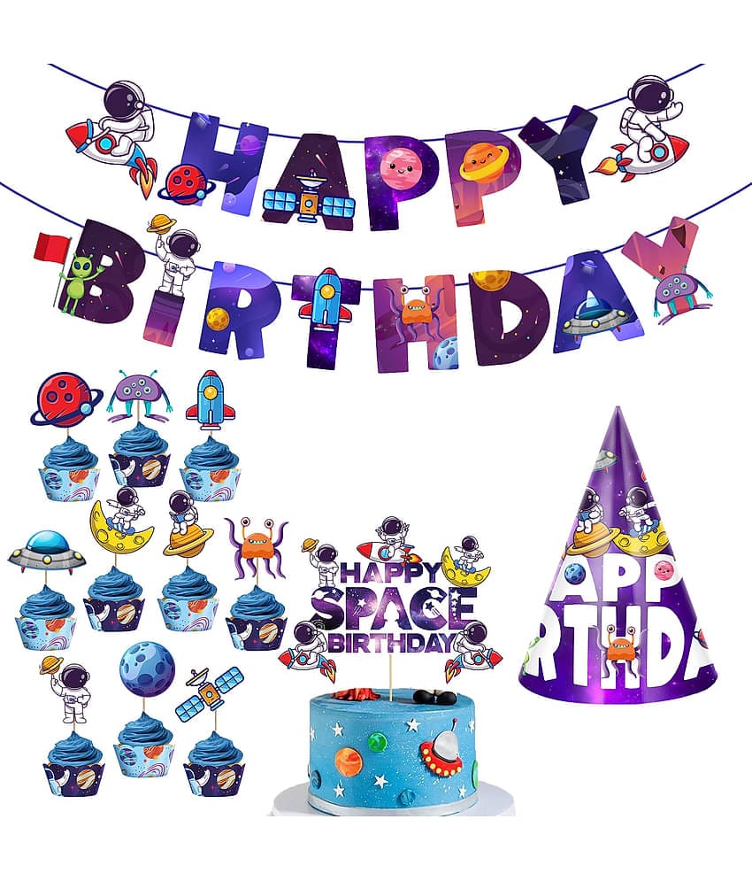 Zyozi Space Kids Space Birthday Party Decoration - Blue Astronaut Spaceship Theme Happy Birthday Banner Hanging Solar System Spiral Planet Card Children's Gifts (Pack of 13)