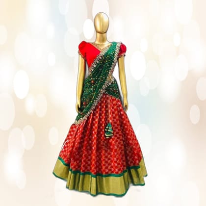 Girls Traditional Langa Voni Half-Saree Set (Red and Green) | Ethnic Festive Wear | Wedding & Celebration