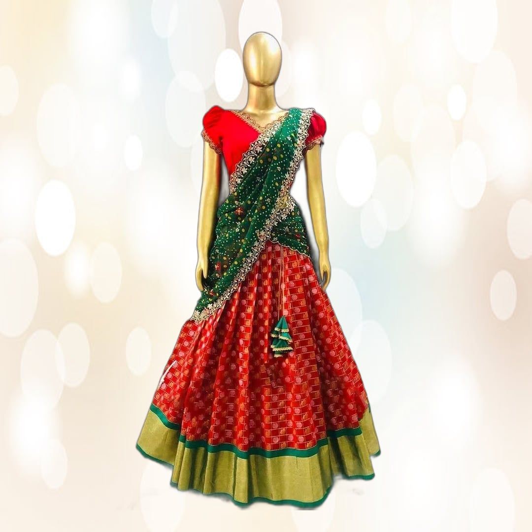 Girls Traditional Langa Voni Half-Saree Set (Red and Green) | Ethnic Festive Wear | Wedding & Celebration