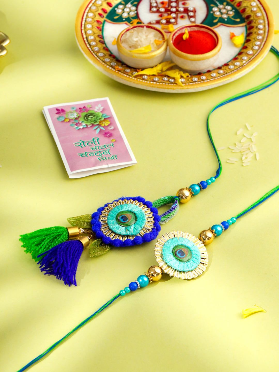 NVR Set of 2 Multicolor Artificial Beads Bhaiya Bhabhi Rakhi with Roli Chawal Chandan & Mishri-One Size / Multicolor