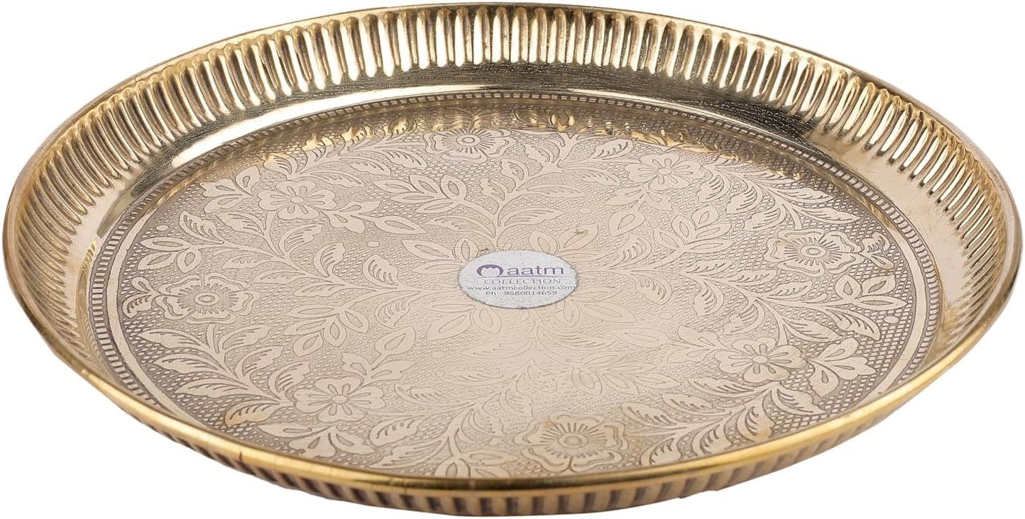 Aatm Pure Brass Pooja Thali Plate - Handcrafted 7-Inch Flower-Embossed Puja Plate - Traditional Aarti Thali for Rituals, Gifting and Home Décor