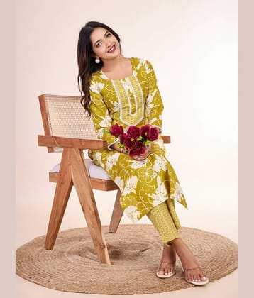 Women Basket Cotton Blend Printed Kurti With Pants Women's Stitched Salwar Suit - Yellow ( Pack of 1 )