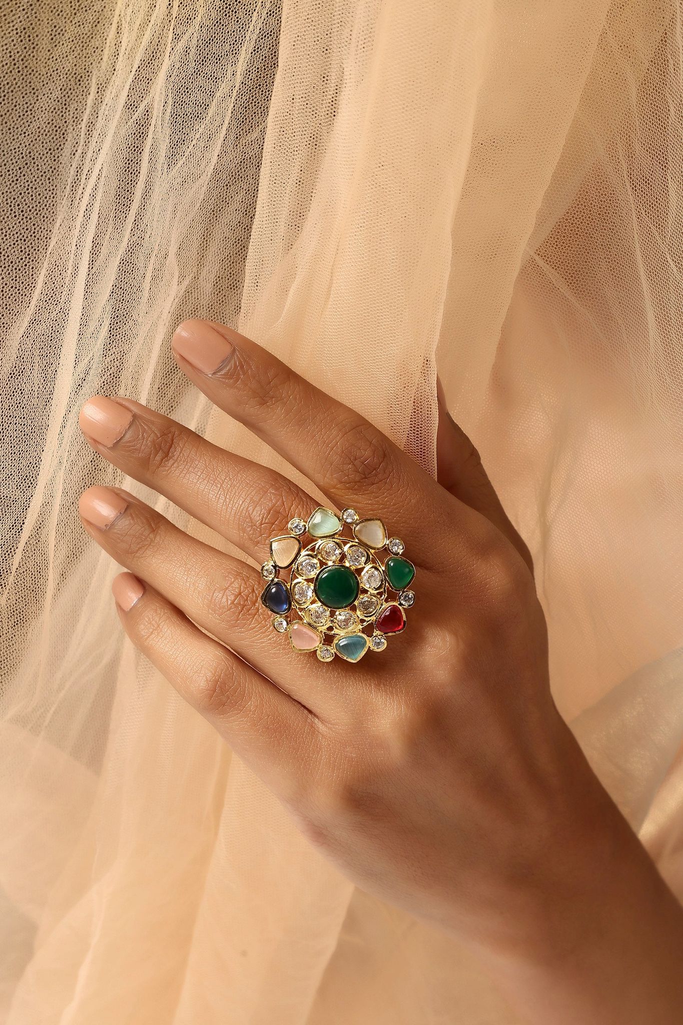 Jheel Navrattan Kundan Ring-Kundan