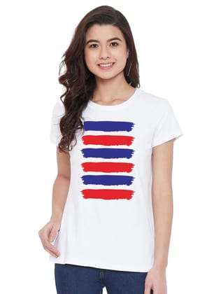 Women's Cotton Blend Purple And Red Lines Printed T-Shirt XL (White)