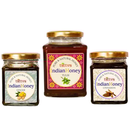IndianHoney Ayurvedic & StressRelief Tulsi Infused Honey, ginger, & cinnamon Triple Combo Pack (500gm + 2x230gm)