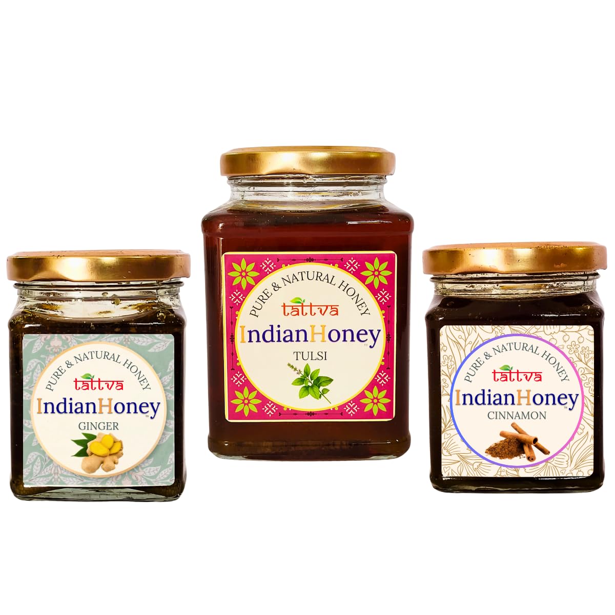 IndianHoney Ayurvedic & StressRelief Tulsi Infused Honey, ginger, & cinnamon Triple Combo Pack (500gm + 2x230gm)