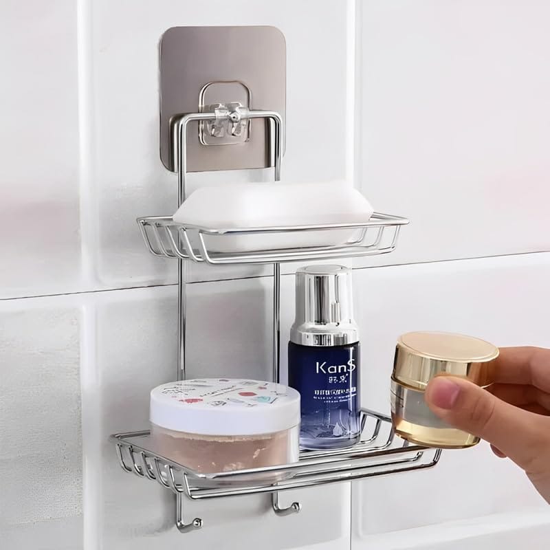 Puno 2-Layer Wall Mounted Soap Dish & Storage Rack – Rustproof Stainless Steel Bathroom Shelf with Hooks,