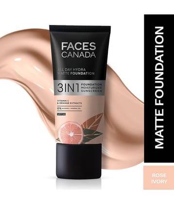 FACES CANADA Hydra Matte Foundation 3-in-1 Foundation + Moisturizer,SPF 30 | Golden Beige 032 | 25ml