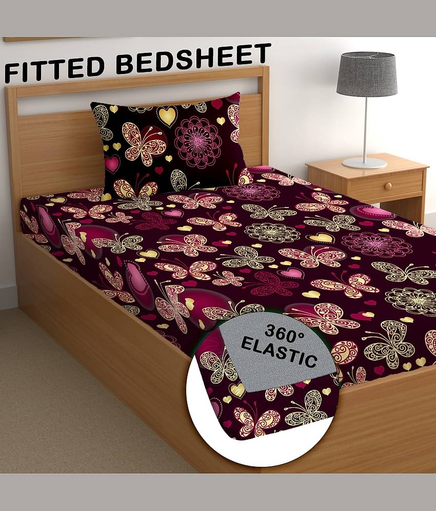 CG HOMES Poly Cotton Floral Fitted 1 Bedsheet with 1 Pillow Cover ( Single Bed ) - Maroon