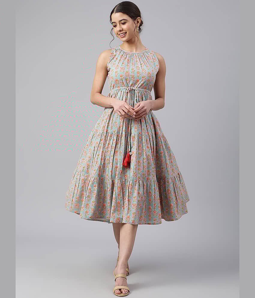 Janasya Women Cotton Printed Fit & Flare Dress ( Mint Green )